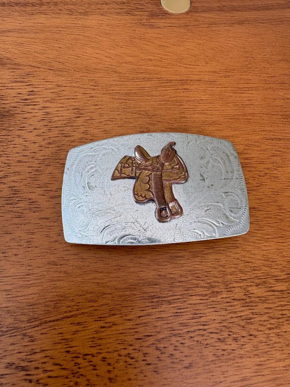 Vintage Nickel Silver Western Belt Buckle with Cowboy Saddle